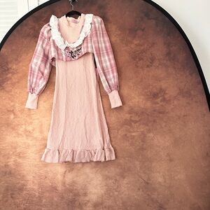 Charming Pink Plaid Dress with Floral Detail
